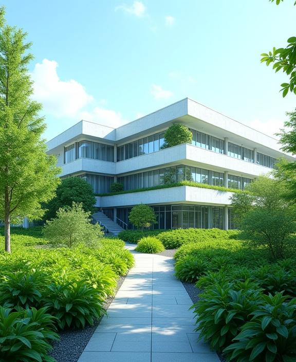 緑に囲まれた近代的な研究所の外観