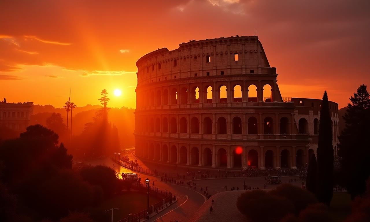 Il Colosseo illuminato dalle prime luci dell'alba dorata