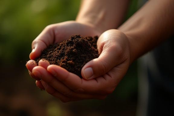 土を優しくすくい上げる両手